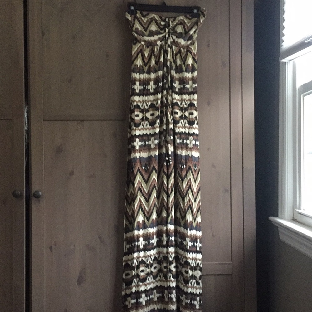 Veronica M Strapless Maxi Dress in Brown, Cream & Black Aztec Print